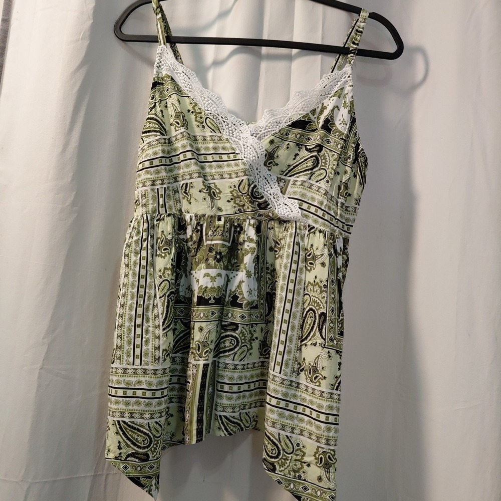 Y2K Babydoll Cami Top Paisley  Lace‎ Trim Sz L Forest Fairy